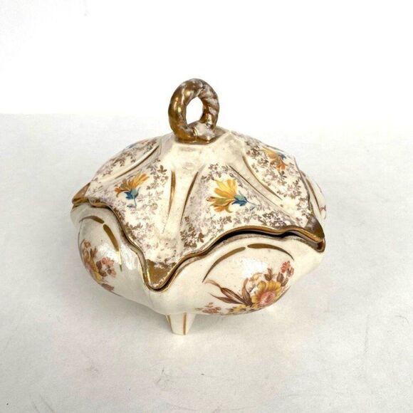 Vintage Porcelain Lidded Dresser Powder Box Candy Dish Footed Floral Gol… - Picture 6 of 10